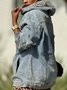 Casual Plain Distressing Hoodie Denim Top