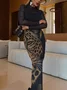 Elegant Tiger Printing Stand Collar Maxi Dress
