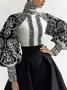Urban Random Print Printing Turtleneck Balloon Sleeve Blouse
