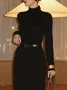Elegant Plain Mock Neck Sweater Maxi Dress With Belt