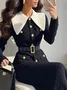 Elegant Color Block Shawl Collar Sweater Midi Dress With Belt