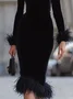 Elegant Plain Velvet Feather-trimmed Stand Collar Midi Dress