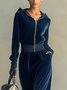 Casual Plain Velvet Hoodie Midi Dress