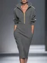 Casual Plain Zipper Shawl Collar Midi Dress