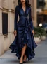Elegant Plain Satin Peplum Cross Neck Maxi Dress With Belt