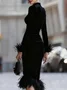 Elegant Plain Velvet Feather-trimmed Stand Collar Midi Dress