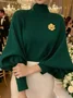 Casual Plain Ruched Mock Neck Balloon Sleeve Blouse With Brooch