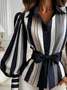 Urban Striped Printing Shirt Collar Balloon Sleeve Shirt Belt