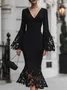 Elegant Plain Bell Sleeve Lace V Neck Midi Dress