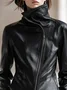 Urban  Zipper Plain Stand Collar Faux Leather Coat