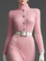 Elegant Plain Buttoned Turtleneck Sweater Knee Length Dress No Belt
