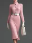 Elegant Plain Buttoned Turtleneck Sweater Knee Length Dress No Belt
