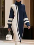 Casual Color Block Turtleneck Knee Length Sweater Dress