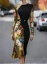 Urban Floral Printing Crew Neck Midi Dress