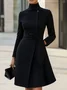 Urban Plain Buttoned Mock Neck Midi Dress With Belt