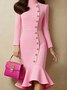 Elegant Plain Buttoned Stand Collar Midi Dress