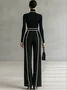 Plus Size Casual Color Block Piping Straight Pants