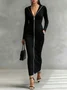 Casual Plain Zipper Shawl Collar Maxi Dress