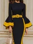 Elegant Color Block Crew Neck Maxi Dress With Belt
