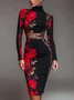 Elegant Floral Printing Stand Collar Midi Dress