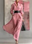 Casual Plain Buttoned Shirt Collar Maxi Dress With Belt