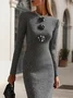 Elegant Plain Tweed 3D Floral Crew Neck Midi Dress