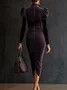 Urban Plain Puff Sleeve Ruched Mock Neck Midi Dress