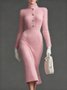 Elegant Plain Buttoned Turtleneck Sweater Knee Length Dress No Belt