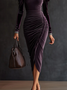 Urban Plain Puff Sleeve Ruched Mock Neck Midi Dress
