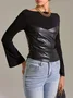 PU Urban Plain Split Joint Crew Neck  Blouse