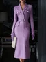 Elegant Plain  Lapel Collar Midi Dress With Belt