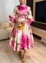 Elegant Floral Balloon Sleeve Printing Stand Collar Party Midi Dress