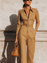 Casual Balloon Sleeve Zipper Plain Shawl Collar Jumpsuit