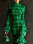 Elegant Plaid Stand Collar Midi Dress