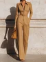Casual Balloon Sleeve Zipper Plain Shawl Collar Jumpsuit