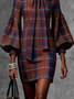 Urban Plaid Lace-up Stand Collar Mini Dress Belt