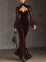 Elegant Color Block Balloon Sleeve Feather-trimmed Maxi Dress