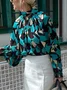 Elegant Abstract Graphic Printing Mock Neck Blouse