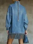 Denim Casual Plain Balloon Sleeve Tassel Turtleneck Mini Dress