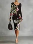 Elegant Floral  Printing Crew Neck Midi Dress