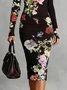 Elegant Floral  Printing Crew Neck Midi Dress