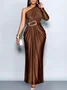 Elegant Plain Metal One Shoulder Maxi Dress