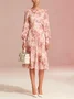 Elegant Plain Balloon Sleeve Printing Crew Neck Knee Length Dress