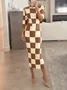 Casual Plaid Printing Crew Neck Midi Dress