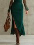Elegant Plain Gathered Side-Slit Stand Collar Midi Dress