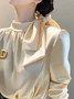 Satin Elegant Plain Lace-up Tie Neck Blouse