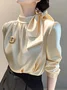 Satin Elegant Plain Lace-up Tie Neck Blouse