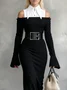 Elegant Color Block Shirt Collar Maxi Dress No Belt