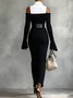 Elegant Color Block Shirt Collar Maxi Dress No Belt