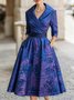 Elegant Random Print Ruched Shawl Collar Knee Length Dress